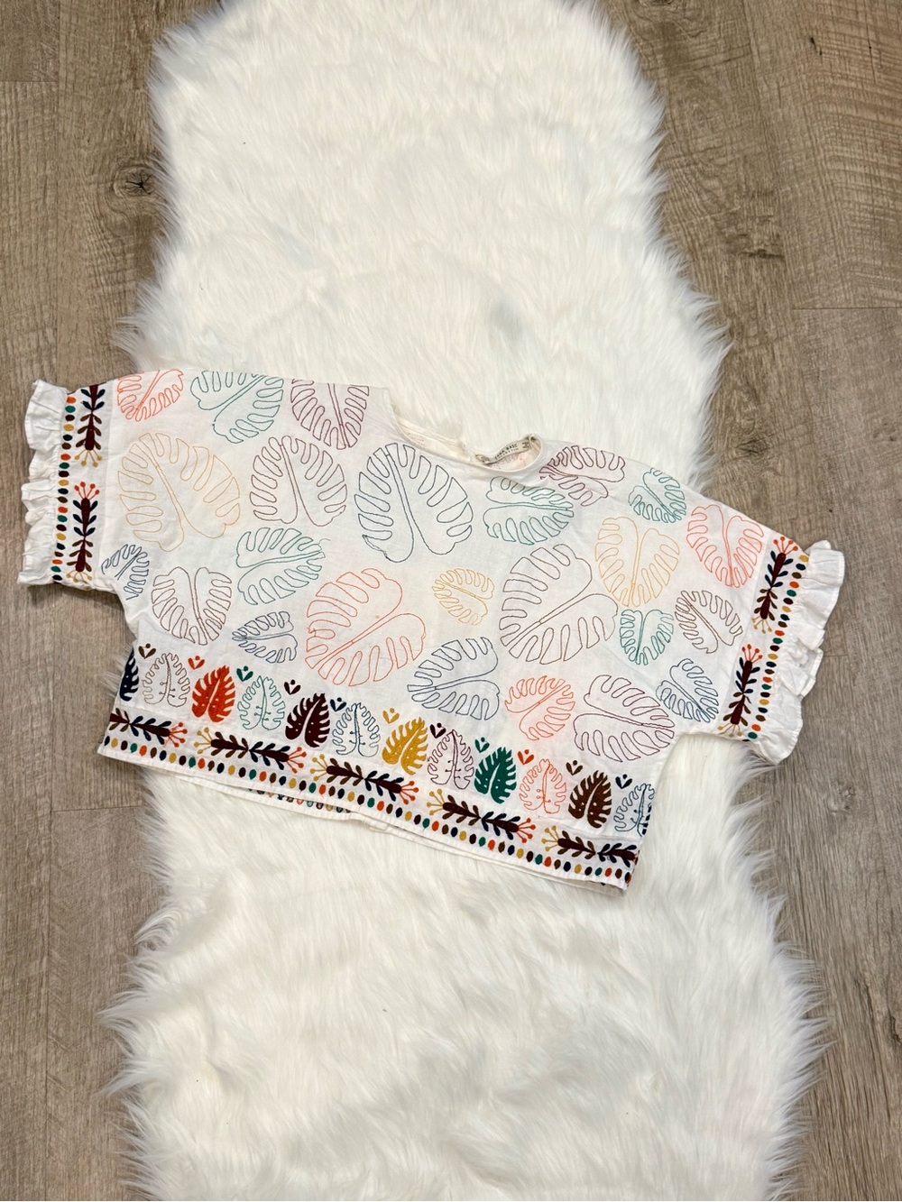 Zara Women White Leaf Print Peasant Top - Multi Color Embroidered Trim